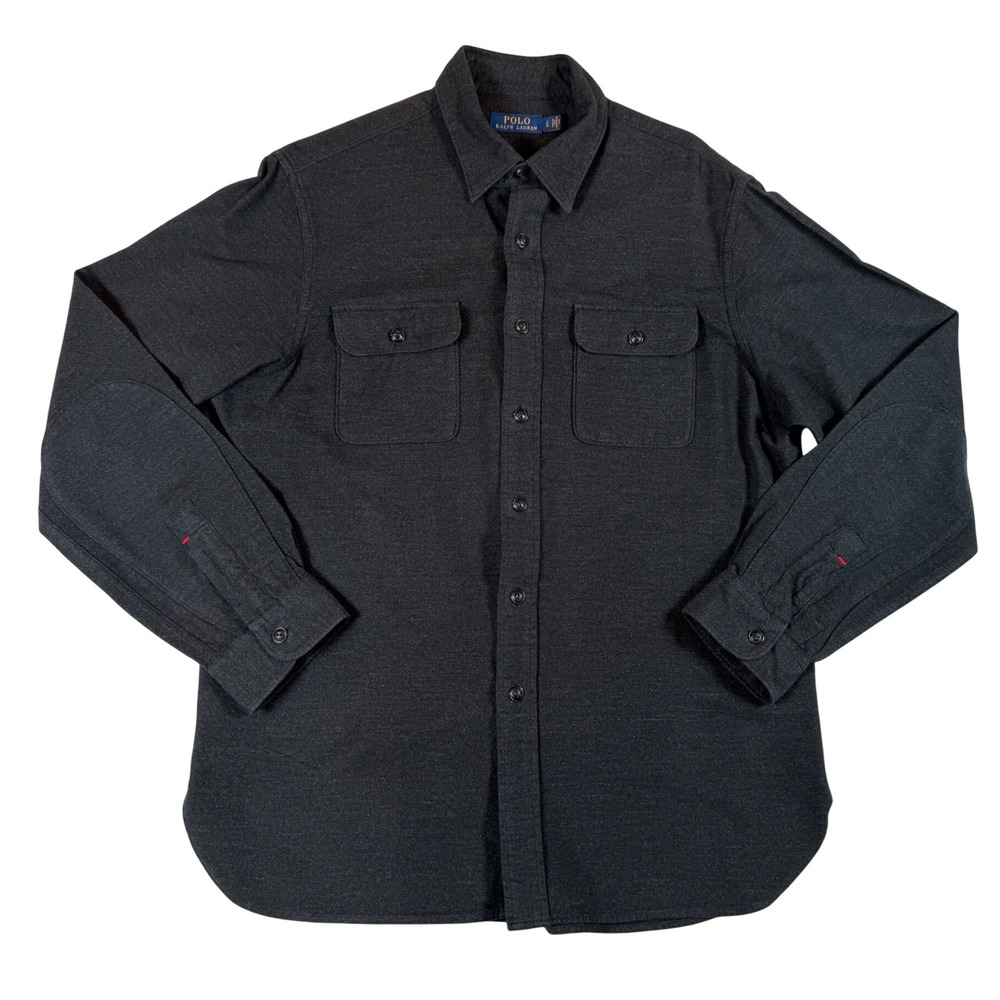 Polo Ralph Lauren Mens Large Charcoal Gray Cotton Flannel Shirt Elbow Patches